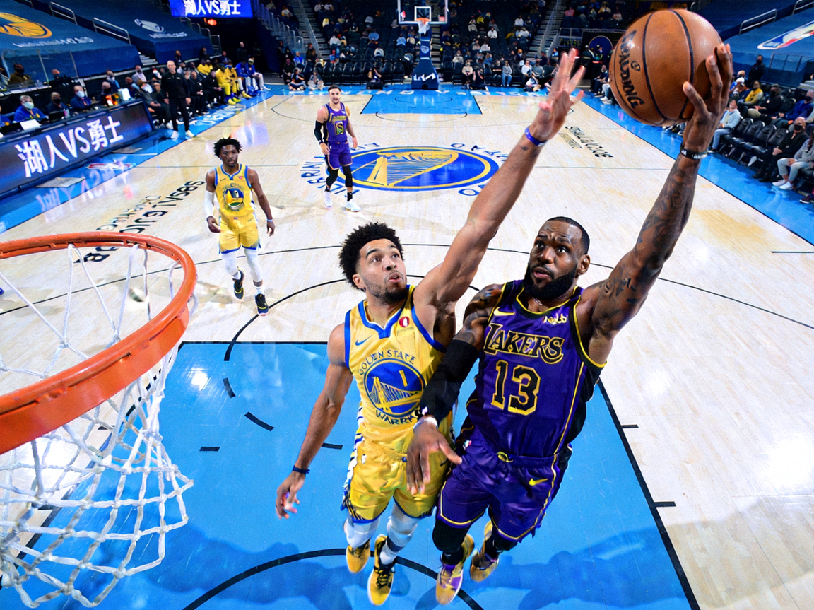 NBA季后赛篮球比赛湖人队对阵勇士队，蓝黑体育风格
