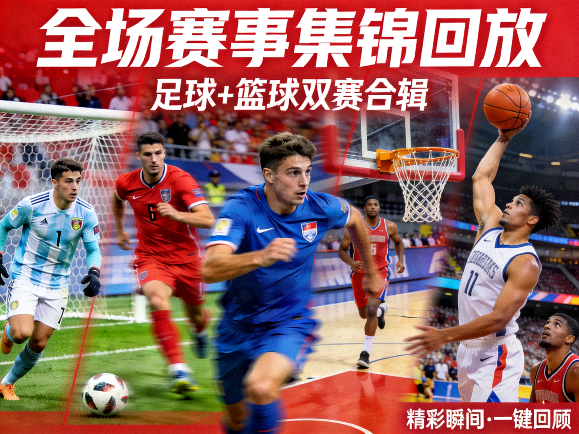 全场赛事集锦回放封面，包含多场足球篮球比赛精华片段