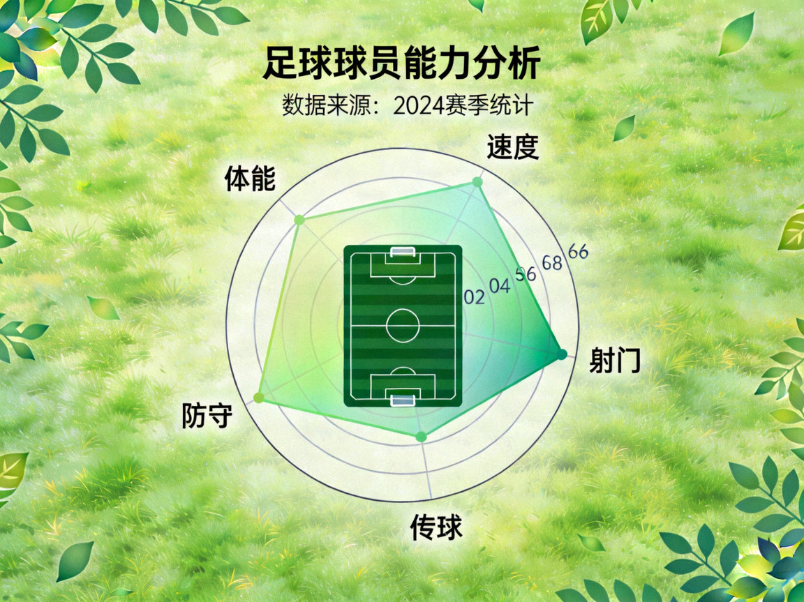 足球球员能力雷达图展示速度、射门、传球、防守、体能五项核心数据，绿色自然风格